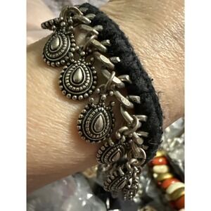 Boho Black Cord Silver Charm Tassel Bracelet Tribal Ethnic Statement uisex